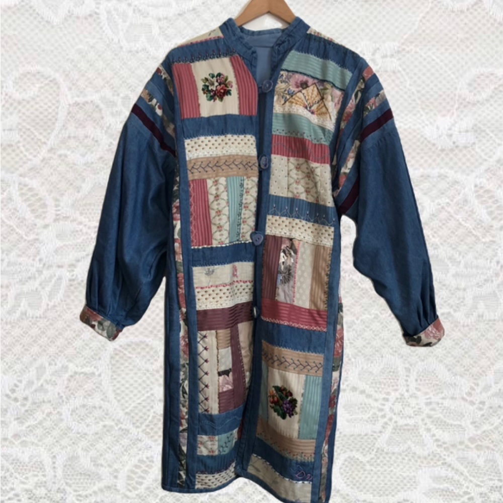Vintage Handmade Quilt Patchwork Coat with Embroidery